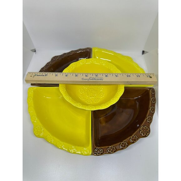 VTG California Pottery 5‑Piece Lazy Susan Chip & Dip Set – 12″ Brown Yellow USA - Picture 5 of 9